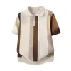 2026 Nova Camisa Polo Masculina de Verão Estilo Coreano Seda de Gelo Manga Curta Blocos de Cor Gradiente Casual Listrada Gola Lapela Tendência