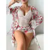 Amazon Transfronteiriço Pijama Feminino Renda Patchwork Malha Transparente Camisola Robe Conjunto de Lingerie Sexy Atacado