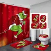 Juego de cortina de ducha impermeable con temática de Grinch, incluye cuatro piezas: cortina de ducha de poliéster, juego de baño impermeable y resistente al moho, y alfombrilla de baño