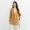 Traje Elegante de Otoño e Invierno de Longitud Media con Cuello Solapa Doble Cara 100% Lana Pura Abrigo para Mujer Manga Raglán Ajustado con Cordones Chaqueta Cardigan