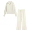 Conjunto casual de cárdigan de punto con doble cremallera y cuello de solapa + pantalones rectos de cintura alta con cordón