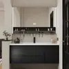 Nuevo estilo moderno de mediados de siglo, diseño de lujo ligero, mueble de baño multicapa de madera maciza negra con lavabo de cerámica integrado y espejo inteligente