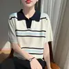 Camiseta de Punto con Cuello Campana a Rayas de Color Contrastante Estilo Coreano de Seda de Hielo para Mujer, Manga Corta, Holgada, Adelgazante, Suéter