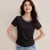 Camiseta de Manga Corta con Cuello Redondo y Perlas para Mujer, Nuevo Estilo Verano 2026, Top Versátil Estilo Oficina, Adelgazante y Elegante, Estilo Inspirado en Chanel