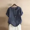 Camiseta Casual de Algodón y Lino para Mujer, Manga Corta, Cuello Redondo, Botones, Estilo Europeo y Americano, para Vacaciones y Calle, 2024