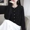 Nuevo cárdigan de punto con pedrería para otoño para mujer, suéter abrigo versátil de cuello redondo casual holgado, top adelgazante estilo coreano, moderno