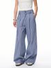Calças Casuais Finas Azuis Xadrez Plissadas Estilo Americano Calças Longas Drapeadas Estilo Americano Calças de Cintura Alta Wide-Leg para Mulheres Primavera e Outono