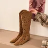 Botas de montar de tubo alto con tacón alto para mujer, nuevo estilo de nicho transpirable 2026, con recortes en punta y suela plana, zapatos de verano para vacaciones