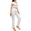 Ropa de Casa Nueva Transfronteriza Estampado de Corazones Manga Corta Pantalón Largo Pijama Canalé Se Puede Usar Afuera Cómodo Cuello en V Estilo Europeo y Americano