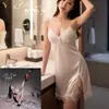 Yilele Lingerie Sexy Pijama Sexy para Mulheres Seda de Gelo com Bojos Decote em V Profundo Puro Desejo Tentação Paixão Pijama com Fenda e Alça