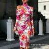 Transfronterizo Nuevo Estampado Digital Casual Personalidad Moda Temperamento Vestido de Manga Larga Hombros Descubiertos Falda Primavera y Otoño Mujer