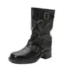 Botas de vaquero occidentales retro de suela gruesa para mujer, botines plisados, estilo otoño e invierno, hebilla de cinturón adelgazante, tacón grueso, botas de media pantorrilla