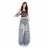 Novos Jeans Rasgados Estilo Bambu Vintage para Mulheres, Calças Bootcut de Cintura Alta, Perna Larga, Petite