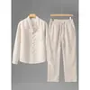 Traje Casual de Linho Masculino Estilo Old Money, Camisa de Manga Longa Masculina Retro Confortável Respirável e Calça Longa de Linho