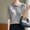 Cardigan de Tricô Gola Polo Estilo Coreano Cor Sólida Fivela Manga Meia Manga Fino Lã Penteada Solto Casual para o Dia a Dia Primavera e Verão Feminino
