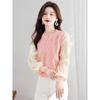 Transfronteiriço 2026 Início da Primavera Design Retrô Francês Elegante Manga Longa Gola Redonda Patchwork Falso Duas Peças Camisa Top para Mulheres