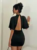 Vestido negro de media altura con cuello alto, manga murciélago, espalda descubierta, cintura plisada y diseño ajustado para mujer, transfronterizo europeo y americano 2026