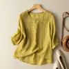Top Bordado Delgado de Verano para Mujer Artístico Retro Transpirable de Algodón y Lino Camiseta de Manga Corta Cuello Redondo