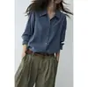 ChuWu STUDIO! Camisa estilo soltinho, lavada na areia, com caimento macio e levemente enevoado, lavável à máquina, básica, versátil, camisa azul que afina