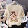 Camiseta de Verão Manga Curta para Meninas, Gola Redonda, Estilo Coreano Roupas Infantis, Novo Estilo, Camiseta Básica Desenho Animado Infantil Doce e Fofa
