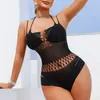 Lencería sexy europea y americana transfronteriza, body transparente seductor de cuello halter con transparencias y huecos, conjunto de malla sin espalda moldeador