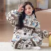 Pijama cardigan infantil de manga longa em fleece coral, novo estilo outono/inverno, roupa de casa fofa e moderna, flanela com zíper, espessado