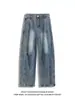 Jeans desconstruído estilo americano, com lavagem, corte curvo, para homens, calças casuais retas com vibe de verão, calças largas da moda