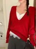 Chique coreano nova coleção outono/inverno: suéter de tricô liso de gola V oversized, estilo solto e relaxado, casaco suéter feminino, 25411