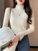 Camiseta Base de Punto Patchwork con Cuello Medio Alto de Encaje Primavera 2026 para Mujer, Top de Capa Interior Texturizada, Suéter Suave y Elegante
