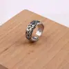 Anel Aberto com Cruz Floral Estampada em Prata de Lei S925 para Homens, Anel Ajustável Vintage Desgastado para Mulheres, Estilo Casal