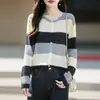 Cardigan de Tricô Listrado Color Block Suave Estilo Coreano Feminino Gola Redonda com Botões Casaco Suéter Rejuvenescedor Emagrecedor Versátil