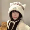 Chapéu estilo Fair Isle para mulheres, com forro de fleece espesso para aquecimento no outono e inverno, protege as orelhas, afina o rosto, gorro de tricô, resistente ao frio e com estilo Lei Feng