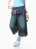 Shorts de mezclilla casuales American retro con bordado de gato de dibujos animados para mujer, talla grande, lavado desgastado, pierna ancha suelta, cropped