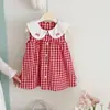 Vestido chaleco de cuadros rojos estilo coreano con cuello de muñeca para niñas, vestido de verano fino dulce con lazo, vestido de princesa