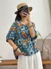 Camiseta artística de algodão e linho, top feminino colorido, solto, casual, retrô, viajante, verão, manga curta, estampado, camiseta da moda