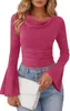 Camiseta de manga larga de punto acanalado con microcampana y cuello redondo, nueva moda de otoño/invierno europea y americana, estación independiente de Amazon transfronteriza