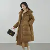 Casaco de Penas Plus Size Extremamente Frio Feminino 2025 Inverno Novo Com Capuz Comprimento Longo Abaixo do Joelho Espessado Ajustado à Cintura Versátil Pinghu