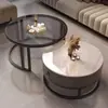Mesa de centro de pedra para sala de estar, apartamento pequeno, novo estilo, mesa de centro redonda de vidro vermelho, leve, moderna e simples, pequena mesa