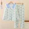 Pijama Infantil Feminino Primavera e Outono Novo Lapela Manga Longa Conjunto Roupas de Casa Infantil Cardigan Roupas de Casa Crianças de Meia-idade e Grandes