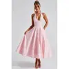 Vestido longo jacquard gola V frente única transpassada europeu e americano transfronteiriço, vestido de noite de alta qualidade, elegante sem mangas costas abertas acinturado primavera-verão