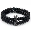 Conjunto de joyería para pareja transfronterizo: Set de pulseras con corona incrustada de diamantes, piedra volcánica mezclada con piedra mate negra, diamante negro