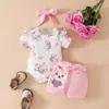Amazon Bebê Manga Curta Triângulo Hassel Conjunto de Shorts Top de Verão Alfabeto para Bebê Menina Calça Adorável com Cinto de Flores