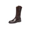 Estilo Despojado Maillard Couro de Vaca Boca em V Botas Western Inverno 2023 Novo Estilo Salto Médio Grosso Bico Redondo Botas de Cano Médio para Mulheres