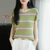Camiseta de punto de manga corta con rayas bicolor y ribete de volantes de Lyocell, top ajustado de lino con mangas pequeñas acampanadas y diseño de encaje