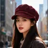 Boina Retro de Ante Japonés para Mujer, Nuevo Sombrero de Pintor de Copa Plana para Otoño e Invierno, Circunferencia de Cabeza Grande, Sombrero Azul Marino para Adelgazar la Cara