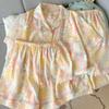 Pijama de urso florido rosa-laranja japonês plus size feminino manga curta primavera e verão conjunto fofo de três peças fabricantes transfronteiriços