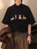 Camisa de Manga Corta con Bordado de Gato Retro Japonés para Hombre, Verano Holgada Casual Versátil Pareja Pana Cuello Campana Top