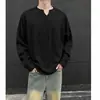 Camiseta de manga larga con cuello en V texturizada para hombre, capa base casual americana de otoño, top holgado de moda estilo old money
