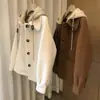 Popular Casaco de Lã com Capuz Deste Ano para Mulheres no Outono e Inverno Tamanho Grande mm Gordas Falso Duas Peças Top Outer Curto Cardigan