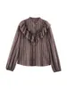 Comércio Exterior Transfronteiriço Roupas Femininas Moda Outono e Inverno 2025 Estilo Europeu e Americano Camisa de Manga Longa com Listras e Gola Alta de Botão Único para Mulheres
